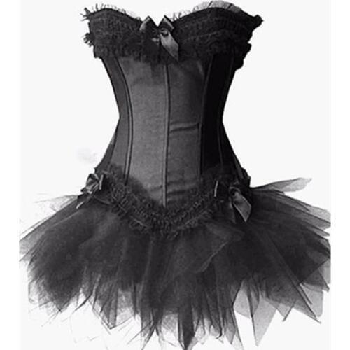 2014 New Sexy Satin Lingerie Lace Corset Top + G-string + Skirt Bustier Mini Tutu Wedding Dress Costume 4 Color 5 Sizes S-2XL