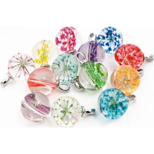 5pcs/Lot 19x15mm Hot sale Jewelry Crystal Glass Real Mix Colors Dried Flower Ball Necklace Pendant;For Women,Girl Gifts-N4-45