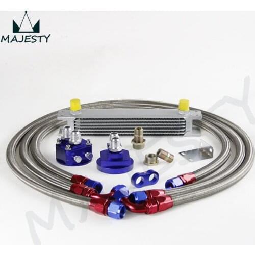 7 ROW AN-10AN UNIVERSAL ENGINE TRANSMISSION OIL COOLER +FILTER RELOCATION KIT BLUE