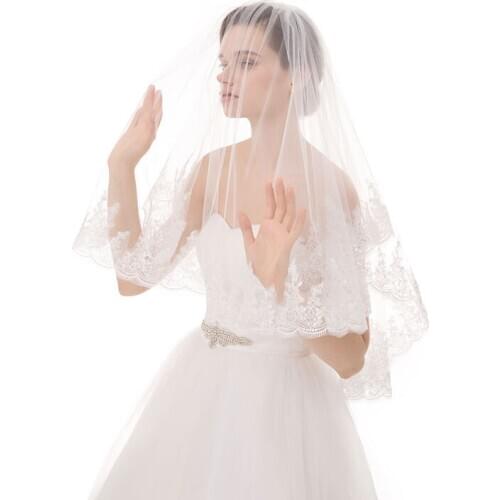 Wowbridal 2 layers 1.5M Long Wedding Veil Ivory White Lace Sequins Tulle head Custom Bridal 2017 Veil veils with Comb