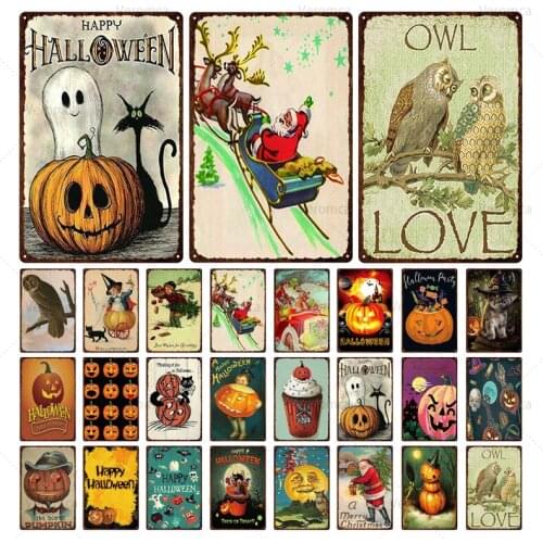 Halloween Pumpkin Ghost Face Lamp Tin Sign Holiday Celebration Decoration Iron Painting Metal Plaque Festival Gift Retro Plaque