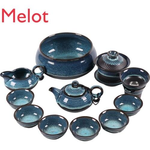 Customized Jianzhan Tea Set Temmoku Glaze Oil Drops Tea Cup Kiln Transmutation Ceramic Tea Set Purple Sand ColorfulTeapot Thread