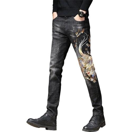 Mens Chinese Dragon Embroidery Jeans Fashion Kylin Embroidered Slim Pencil Pants Stretch Denim Trousers