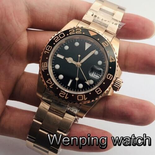 40mm Mens Top GMT Mechanical Watch Rose Gold Case Sapphire Glass Ceramic Bezel Luminous Date Mens Sterile Automatic Watch