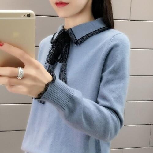 Autumn winter knitted sweaters women 2019 fashion Lace bow pullover sweaters student casual Long sleeve bottoming sweaters A2967