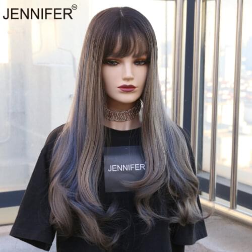 Synthetic Wig Long curly with bangs Chocolate/Aoki Peach Mist Blue/Brown Black 3 Color Wigs For Women Full Mechanism wig