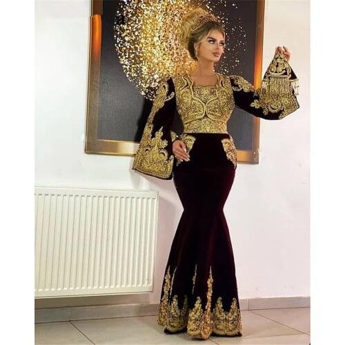 Traditional Kosovo vestidos Formales Arabic Velvet Evening Dresses Flared Sleeves Applique Lace Mermaid Prom Dress robe de soiré