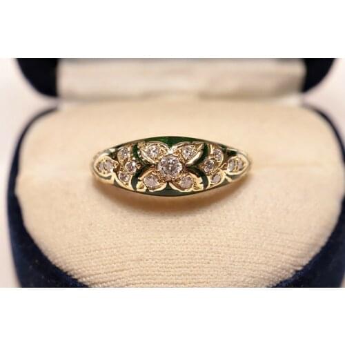 VICTORIAN STYLE NEW MADE 14K GOLD NATURAL DIAMOND DECORATED ENAMEL RING