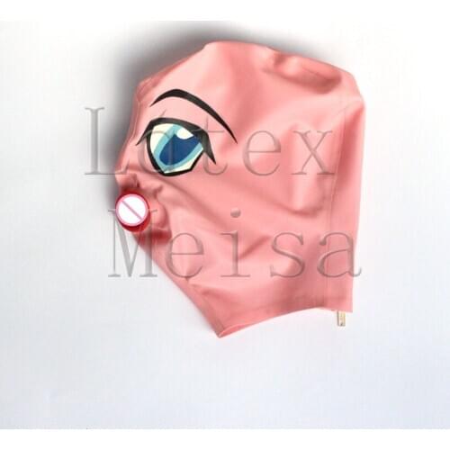 Pink color cartoon exotic latex hoods attached mouth condom with back zip for women