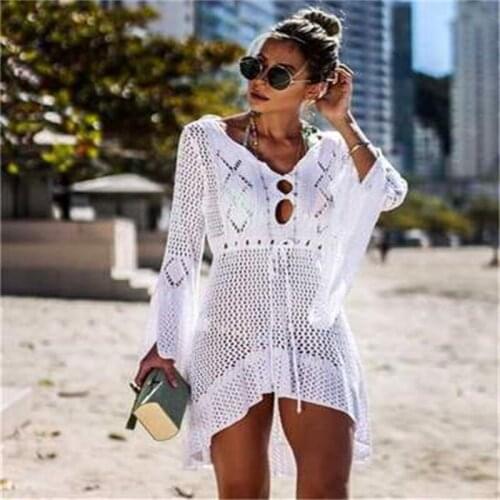 2021 Summer Knitted Tassel Tie Beach Cover Up Crochet Tunic Long Pareos Beachwear Swimsuit Sexy See-through Beach Dress Cover Up