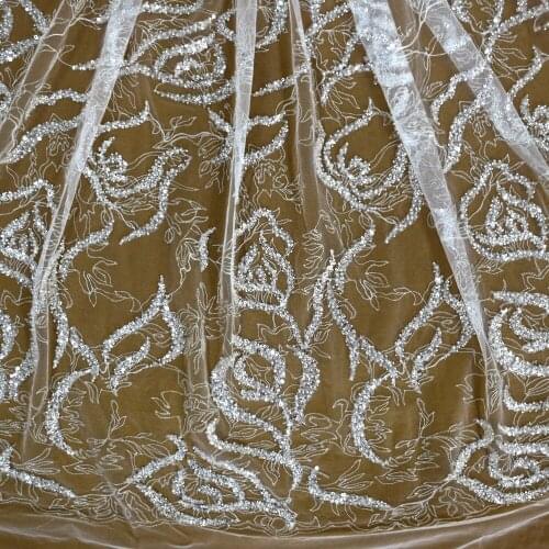 2021 NEW STOCK White Bridal Lace Beaded Embroidery Fabric Sequins For Wedding Dress HY1421