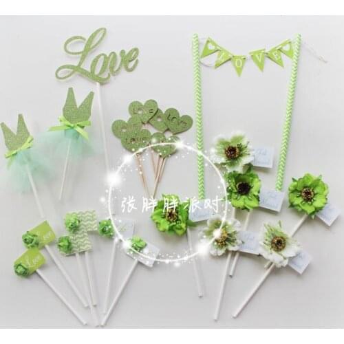 22pcsNature green flowers love wedding cake toppers paper cards banne, Cupcake Toppers creative wedding dessert table decoration