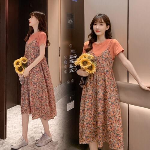 9903# T shirt + Dress Maternity Clothes Loose Stylish Short Sleeves Floral Dress for Pregnant Women Mom Dress