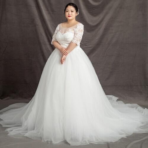 White Wedding Dress Elegant Lace Up A-line Floor-length Embroidery O-Neck Half Sleeves Simple Plus Size Women Party Dresses D442
