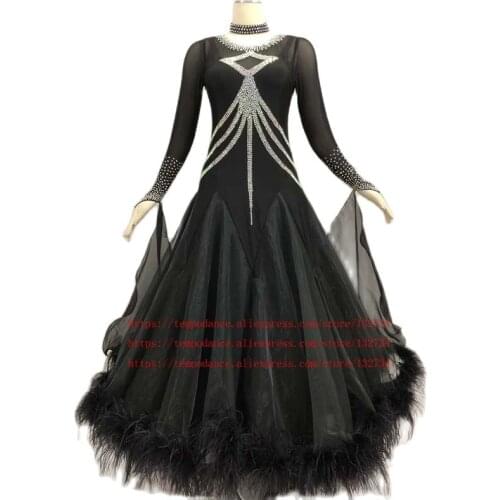 Black feather smooth ballroom dresses, ballroom dance competition dresses