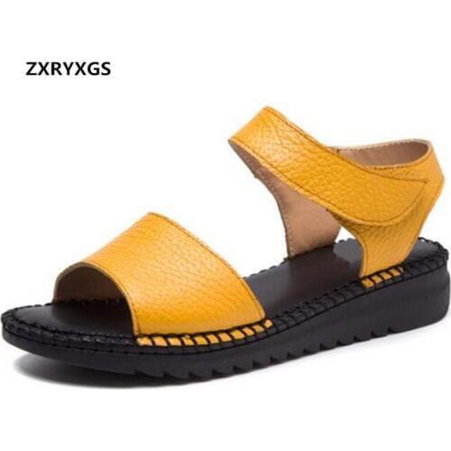 Hot Top Soft Cowhide Leather Sandals Casual Shoes Woman Flat Sandals 2020 New Sewing Summer Sandals Open Shoes Casual Sandals