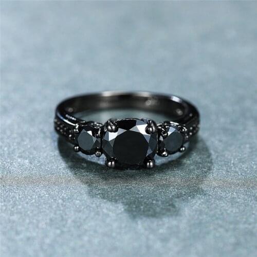 Classical Female Small Black Round Stone Ring Vintage Wedding Rings For Women Unqiue Style Promise Love Engagement Ring
