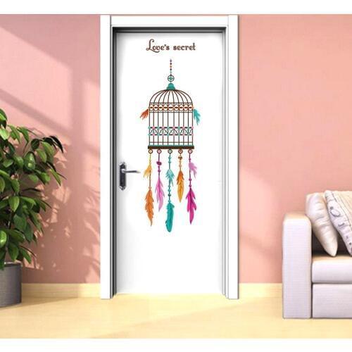 Colorful Birdcage Feather Door Stickers Love Secret Art Wall Sticker Vinyl Wall Decals Adesivo De Parede Simple Home Decoration