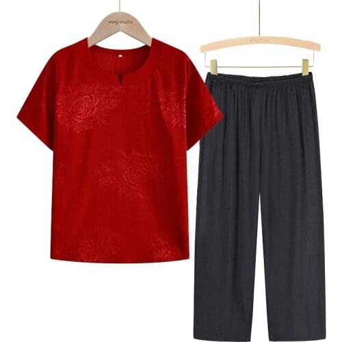 Summer 2021 Womens Clothing Colorful Pure Satin Cotton Home Shirts Casual Black Lounge Calf-Length Pants Large Size XL-4XL Red
