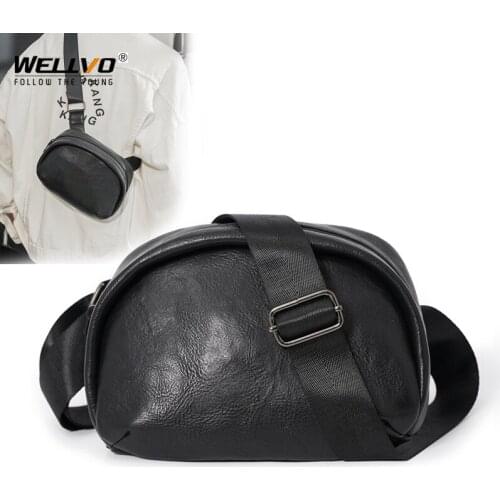 Fashion Solid Casual Shoulder Chest Bag White Black PU Leather Small Crossbody Phone Pouch Men Korean Style Handbag Purse X117C