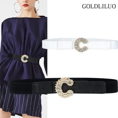 Fashion Womens C-Shaped Diamonds Buckle Elastic Leather Cummerbunds Female Dress Corsets Waistband Belts Decoration Thin Belt