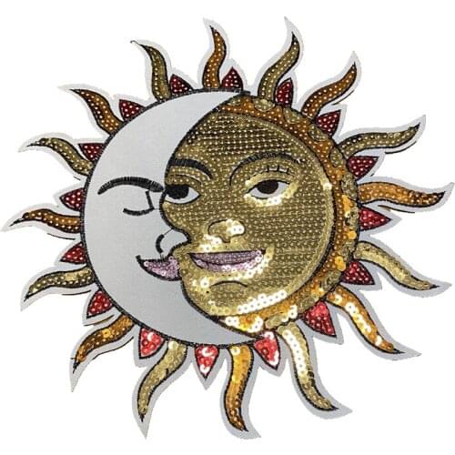 Cartoon Half Moon Half Sun God Face Sequined Iron on Patches for Clothes Jacket DIY Embroidery Appliques 1 Piece