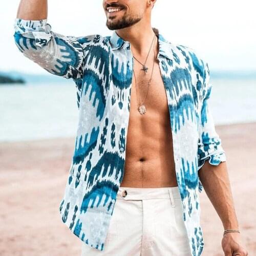 Mens Shirt Leisure Beach Print Long Sleeve Slim Fit Stand Collar Shirt Male Clothes Plus Size