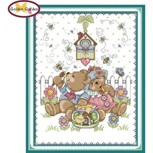 GG Naughty Bears' Heaven Cross Stitch Set Embroidery Set DIY Kit Handmade Craft Needlework Design Stitching for Home Decoration