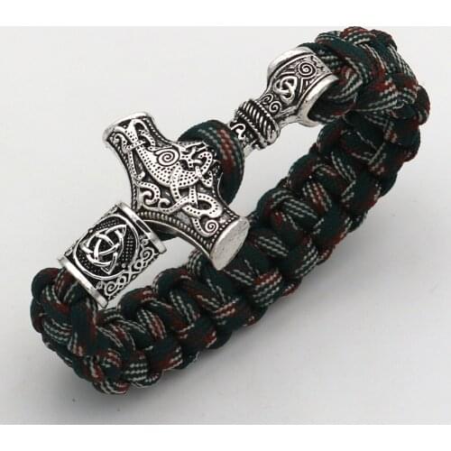 Norse Viking Men Bracelets Thor Mjolnir Hammer Paracord Amulet Runes Beads Hand Made Multicolor Rope Bangles Jewelry Wholesale