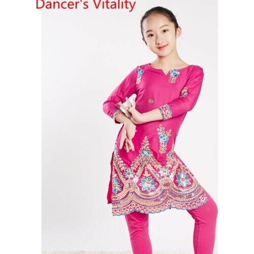 New Arrival Indian Dance Big Hem Skirt Top Mesh Veil Set Children Girls Belly Oriental Dancing Competition Performance Stage Wea