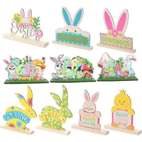 Painted Wooden Easter Bunny Desktop Ornament Easter Eggs Rabbit Chick Decor Happy Easter Party Supplies Easter Table Decor Gifts