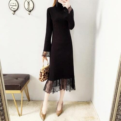 Autumn Winter Elegant Knitted Patchwork Gradient Pleated Dress Women Long Sleeve Office One-Piece Sweater Dress