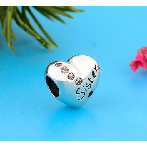 Fit Original Charm Bracelet 925 Sterling Silver Heart Shape Engrave Sister Zircon Beads For Making Women Bithday Berloque 2021