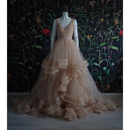 Puffy Prom Dresses Double V Neck Ball Gown Pleats Formal Evening Party Dress vestidos de gala