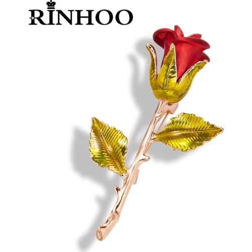 Rinhoo Fashion Enamel Red Rose Flower Brooches For Women Lady Fashion Luxury Flower Green Leaf Pin Clothing Coat Party Jewelry