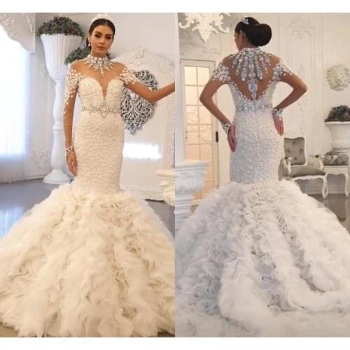 Luxury Crystal Mermaid Wedding Dresses Plus Size Long Sleeve Ruffles Bridal Gowns Beaded Wedding Dress robes de mariée