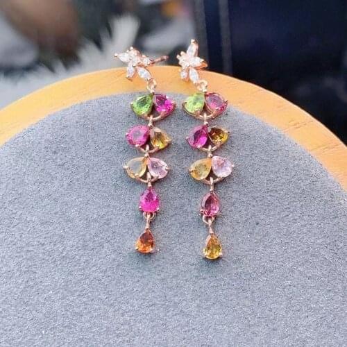 Luxurious tassels leaf S925 silver natural Multicolor Tourmaline drop earrings natural gemstone women birthday party jewelry