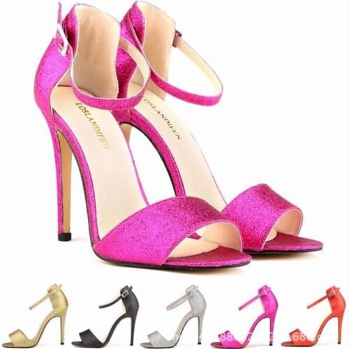 Sexy word buckle sandals women 2020 summer Sequined Cloth Round Toe 11CM Thin High heel Buckle Strap Bling women shoes size35-42