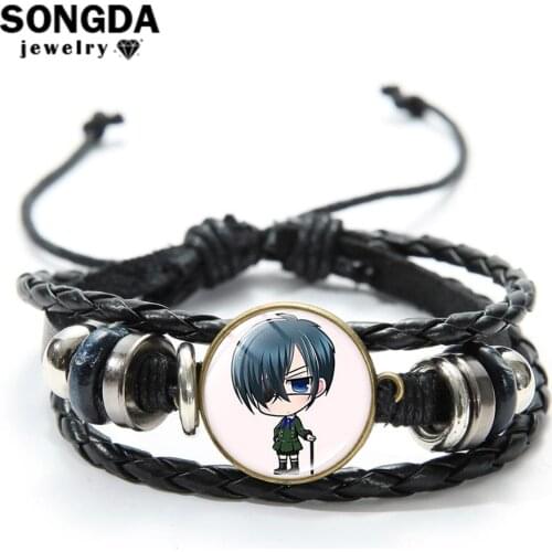 SONGDA Anime Black Butler Leather Bracelet Cute Ciel Phantomhive Sebastian Glass Dome Button Bracelet Wristband Cosplay Souvenir