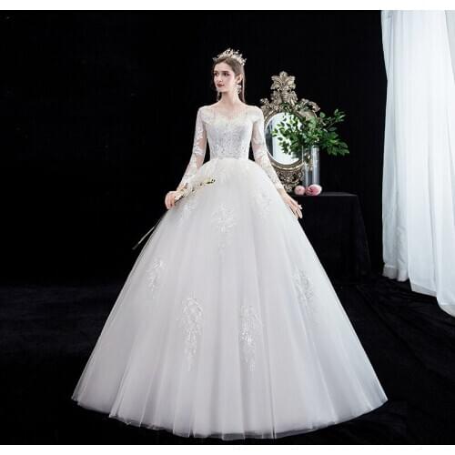 Wedding Dress Noble V-neck Full Sleeve Wedding Gowns Elegant Lace Embroidery Plus Size Princess Bride Dress Vestido De Noiva