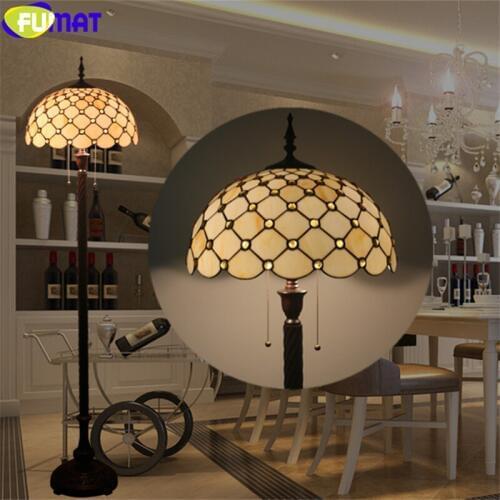 FUMAT Tiffany Floor Lamp Gemstone Beige Pearl Gridding Stained Glass Lampshade Multe Color Light European Retro Style Alloy 16In