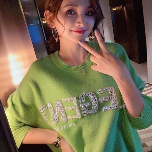 IHOBBY Spring New Pearl Letter Loose Knitted Sweater Leisure Long Sleeve Round Neck Warm Knitwear Outwear