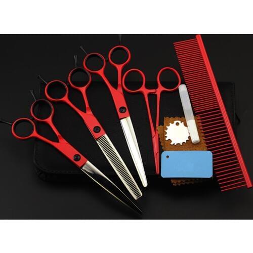 5 kit Professional Japan 7 inch red pet dog grooming hair scissors set pet cutting shears thinning barber hairdressing scissors