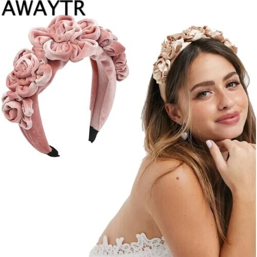 AWAYTR New Solid Color Peony Flower Velvet Hairband for Women Winter Headdress Ladies Ball Party Retro Fashion Accessories