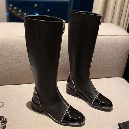 Top Brand Women Long Boots Zipper Front Dress Shoes Woman Chunky Heels Booties Ladies Knight Boots Beaading Thigh High Boots