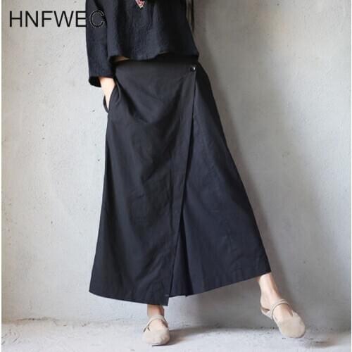 2019 Autumn New Arrival Fashion Pockets Elastic Waist Loose Casual Mid Irregular Womens Wide Leg Pants Lady W041