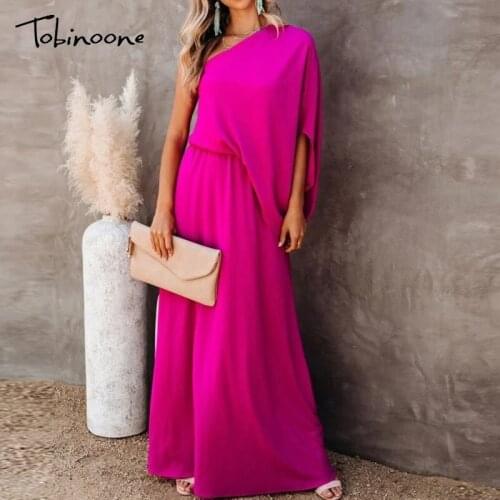 Tobinoone Solid One Shoulder Split Maxi Dress Women Short Sleeve Backless Ruched Sexy Dresses Loose Evening Feast Party Vestidos
