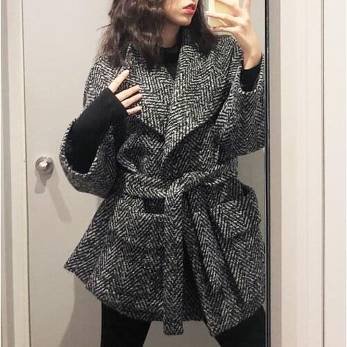 Women Woolen Coat 2021 Autumn Winter New Korean Style Sashes Waist Retro Vintage Gray Big Turn Down Collar Wool Coat