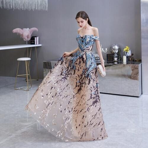 Formal Evening Dresses Alibride 2020 Robe De Soiree Off The Shoulder Beaded Sequins Banquet Prom Party Gown Lace Up Host Dress