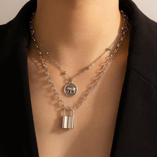 Fashion Silver Color Multilayer Women Necklaces Punk Vintage Lock Elephant Coin Pendant Necklaces for Women Party Jewelry Gift